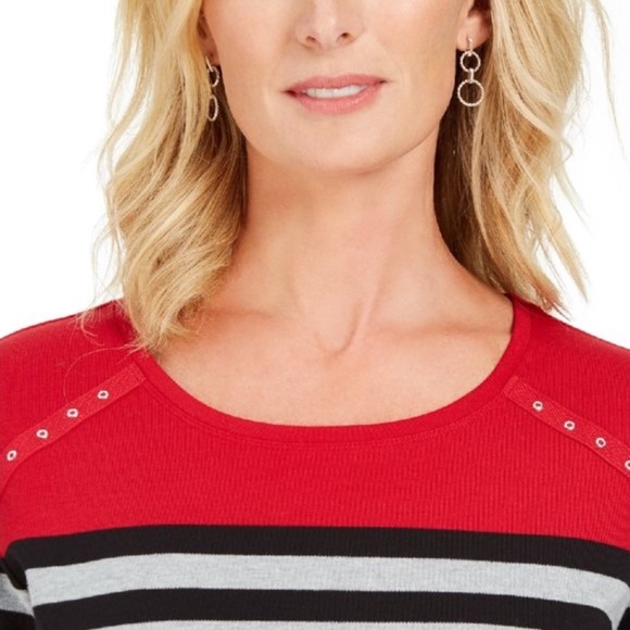 Karen Scott Sport Colorblocked Striped Grommet Top - Picture 3 of 8